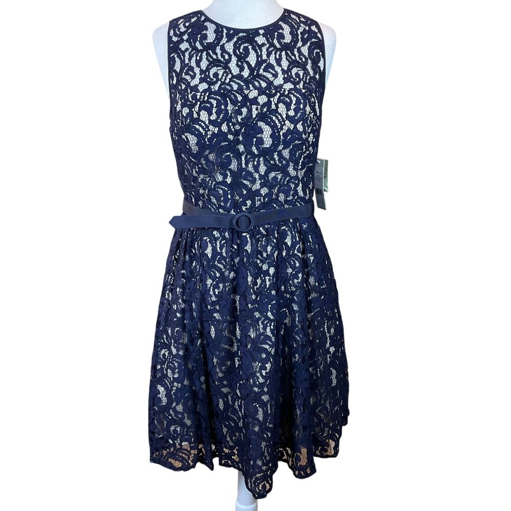 Eliza J Navy Illusion Yoke Scroll Lace Belted Sleeveless Fit n Flare Dress 14 NW